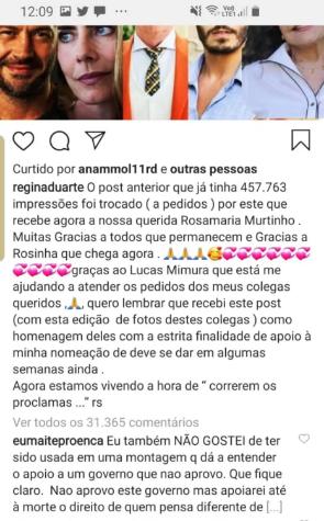 Depois de polêmica, Regina Duarte apaga post com fotos de atores