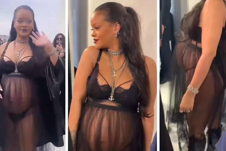 Rihanna usa look transparente e exibe barrigão da gravidez em desfile em  Paris - Rádio Pampa
