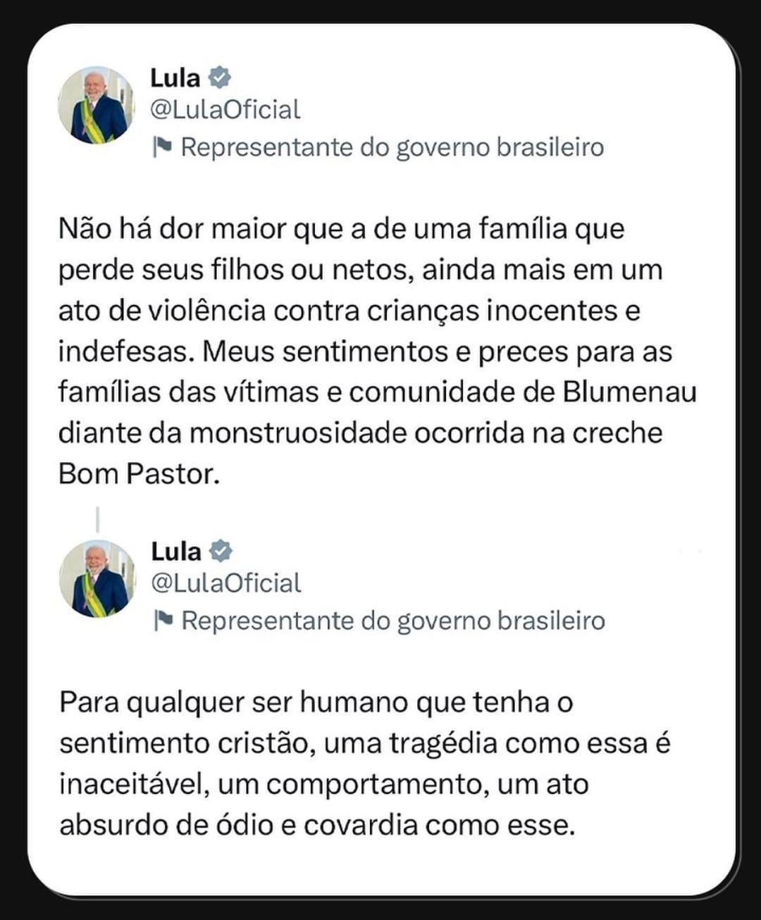 Lula chama de ataque a creche em Blumenau de 'monstruosidade' e