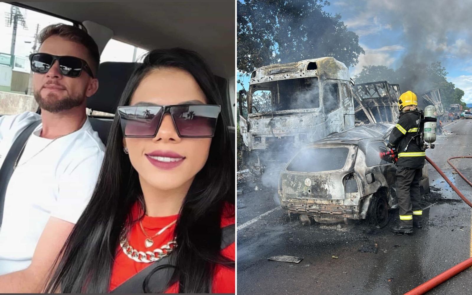Rosana da Silva Marques e Sebastian Alves foram encontrados mortos dentro do carro que pegou fogo (Arquivo pessoal / Mykaella Silva | Divulgação / Corpo de Bombeiros)